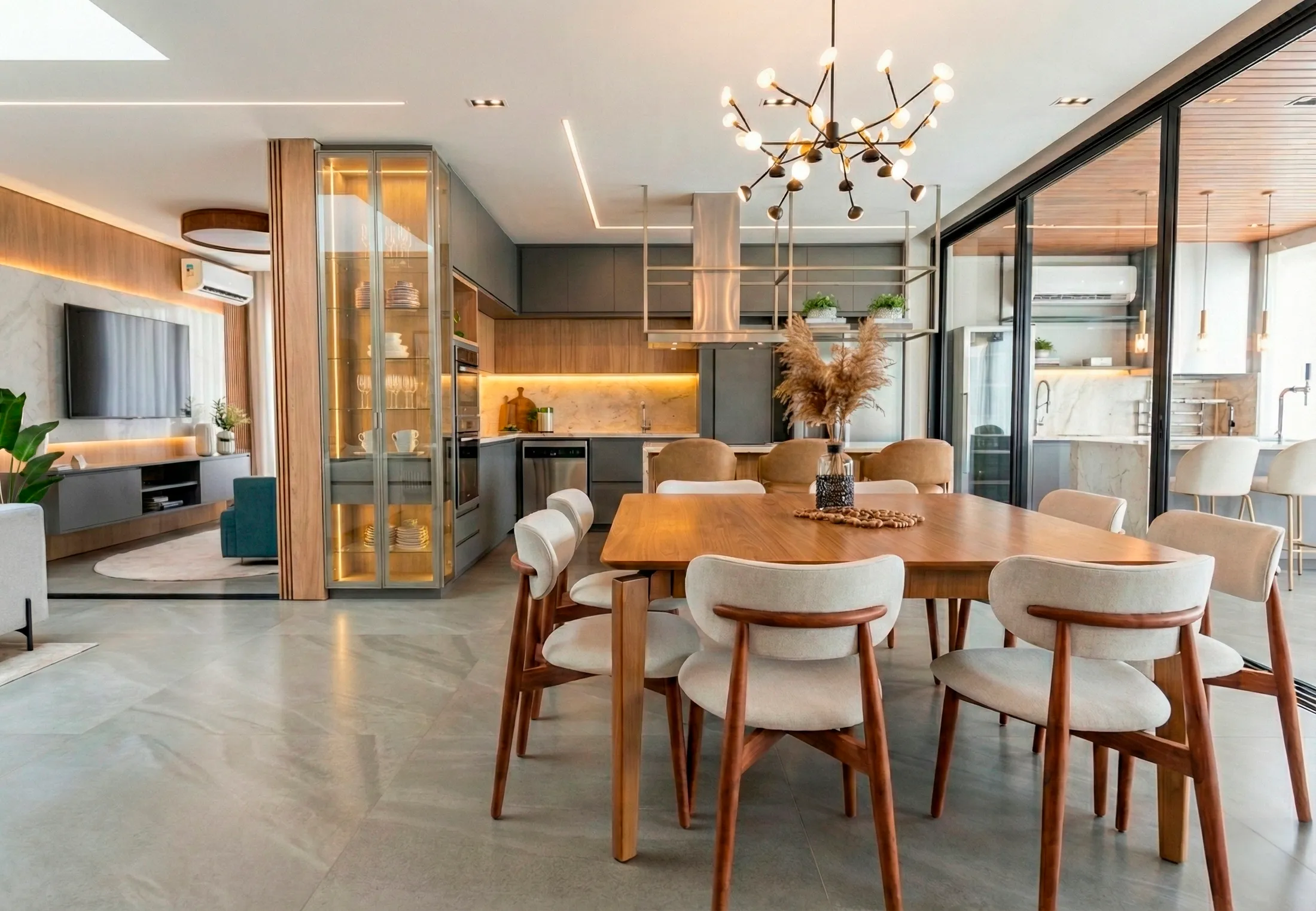 Living integrado com sala de jantar e cozinha projetado pela LN Arquitetura