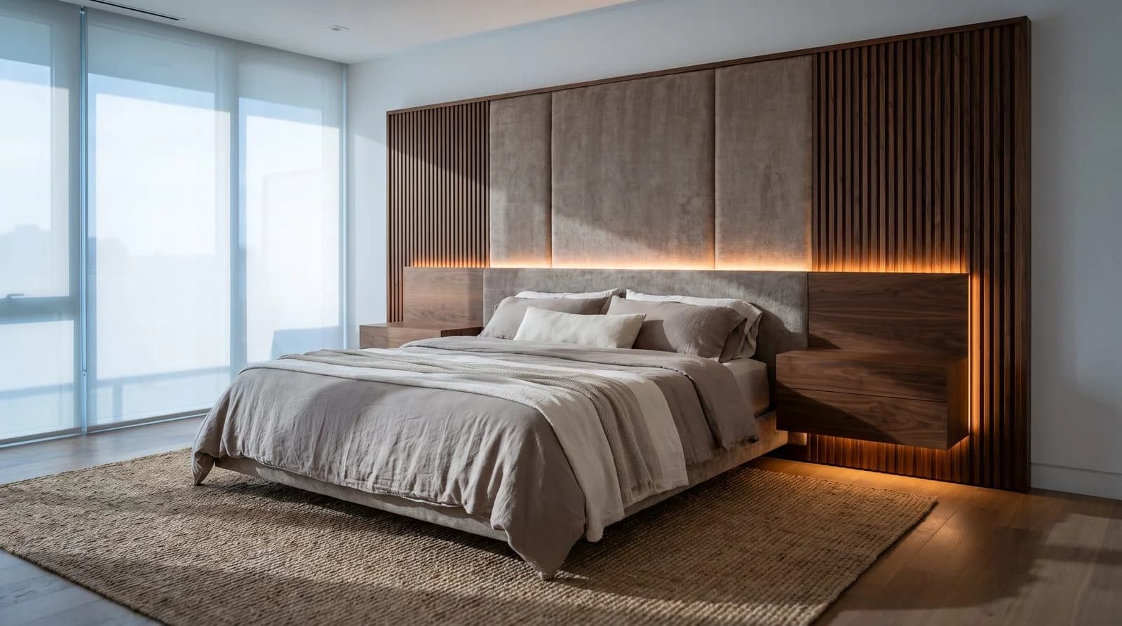 Cama de casal em quarto moderno com cabeceira elegante composta por painéis estofados, ripados de madeira e iluminação de LED embutida.
