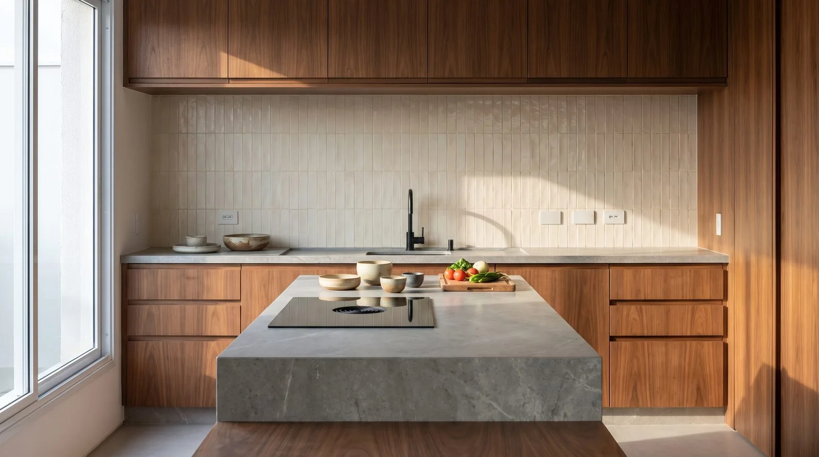 Cozinha planejada com armários em madeira, bancada central de pedra clara, cooktop, pia ao fundo e parede revestida com azulejos verticais.