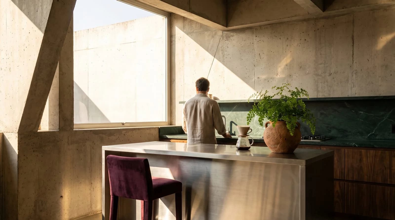 Homem de costas em uma cozinha com paredes de concreto, balcão de inox, bancada de mármore verde e planta em vaso de cerâmica.